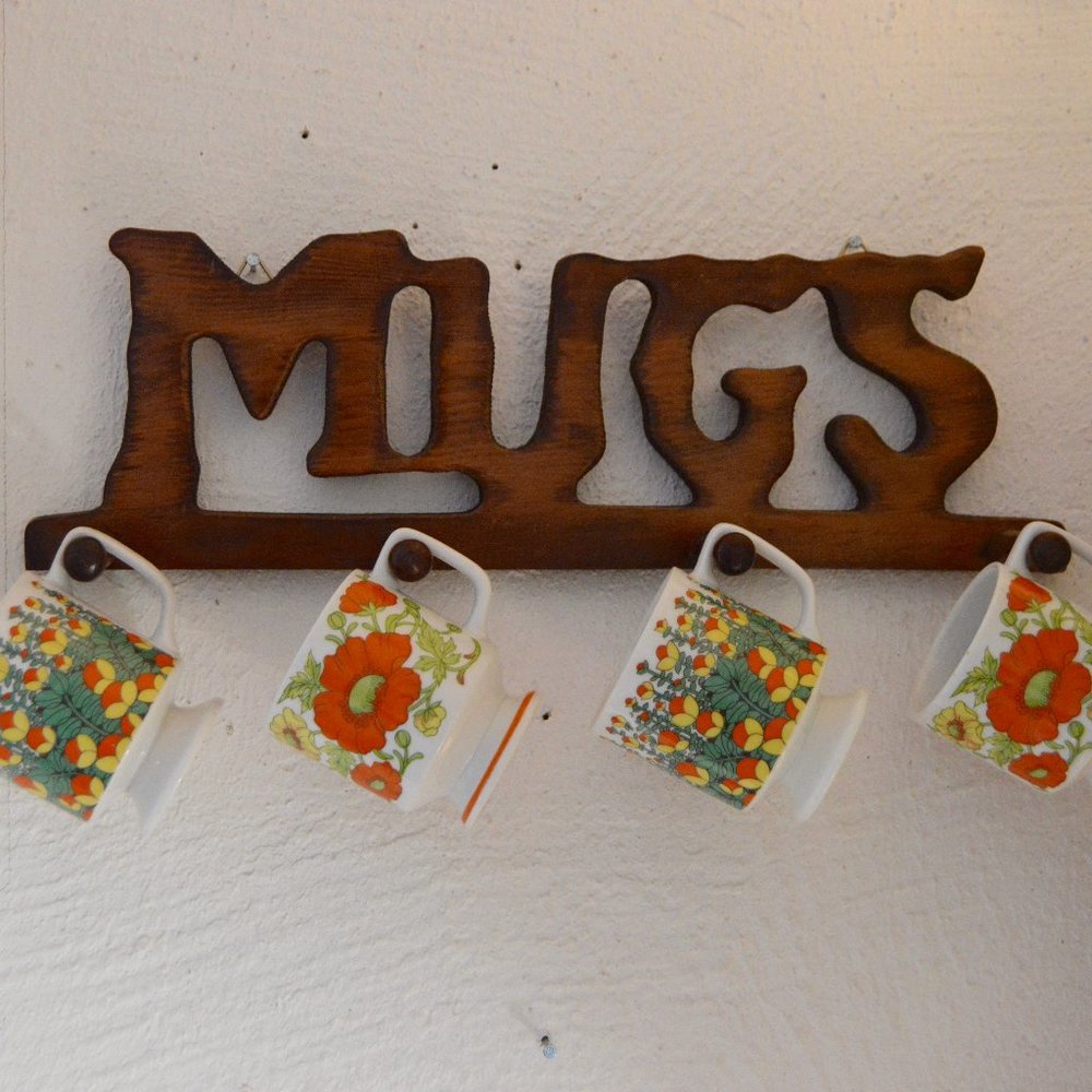 Vintage 1970s 1980s Woodcut Wooden Mug Display Hanger Wall Decor reading MUGS